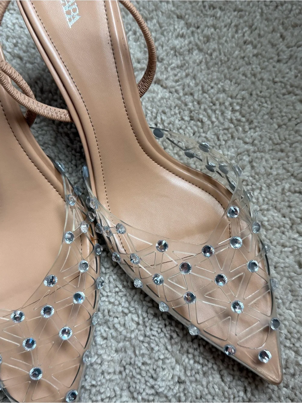ZARA RHINESTONE HEELED SLINGBACKS BEIGE